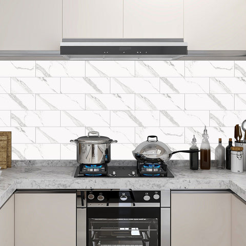 Kitchen Peel and Stick Tiles, Bathroom Shower Wall Tile Stickers Imitation White Marble, White Tile with Gray Texture 4x12 Inch x 0.07 Inch Thickness