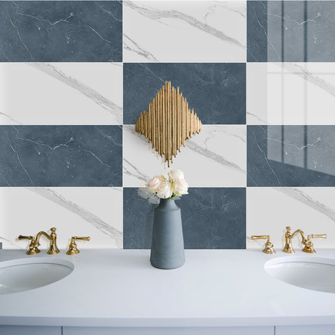 Blue and white Marble Floor Tile Mirror Like Environmentally Friendly Easy Installation Peel and Stick