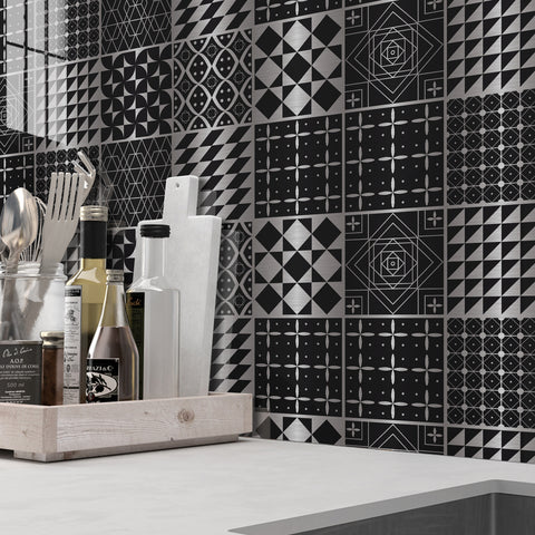 Black and silver classic: simple tile stickers with white patterns