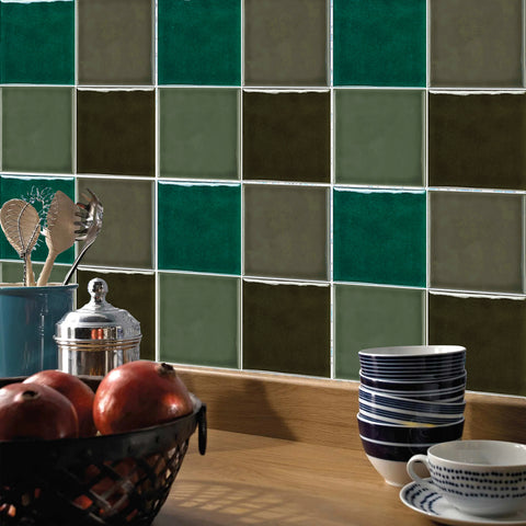 Green Brown Grey Modern Glazed Wallpaper Square Tile Sticker 10PCS