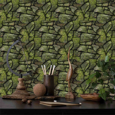 Green and Yellow Stone Wall Stickers Retro Tile Sticker for Home Decoration and Bathroom