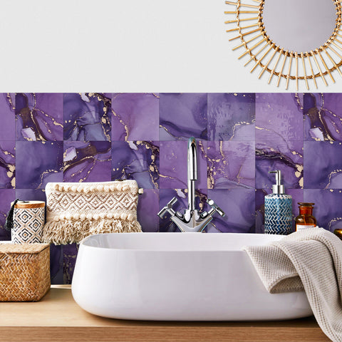 Purple Elegant Retro Marble Tile Stickers Wallpapers 8Pcs Self-Adhesive