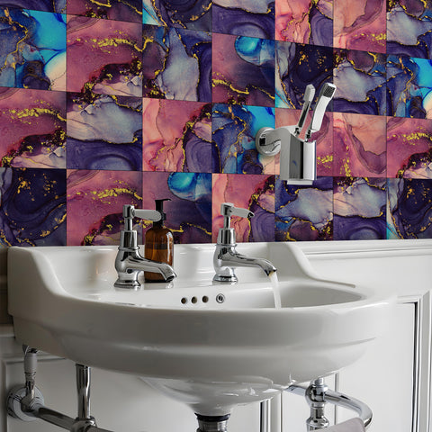 Purple and Blue Marble Tile Stickers Wallpapers 8Pcs Luxury Self-Adhesive