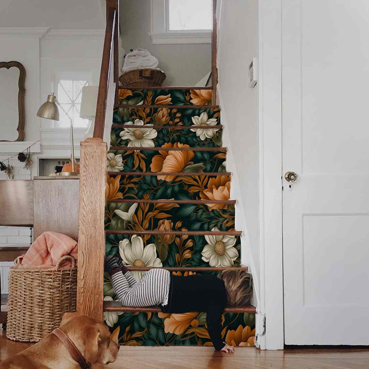 Dark floral wallpaper on the stairs