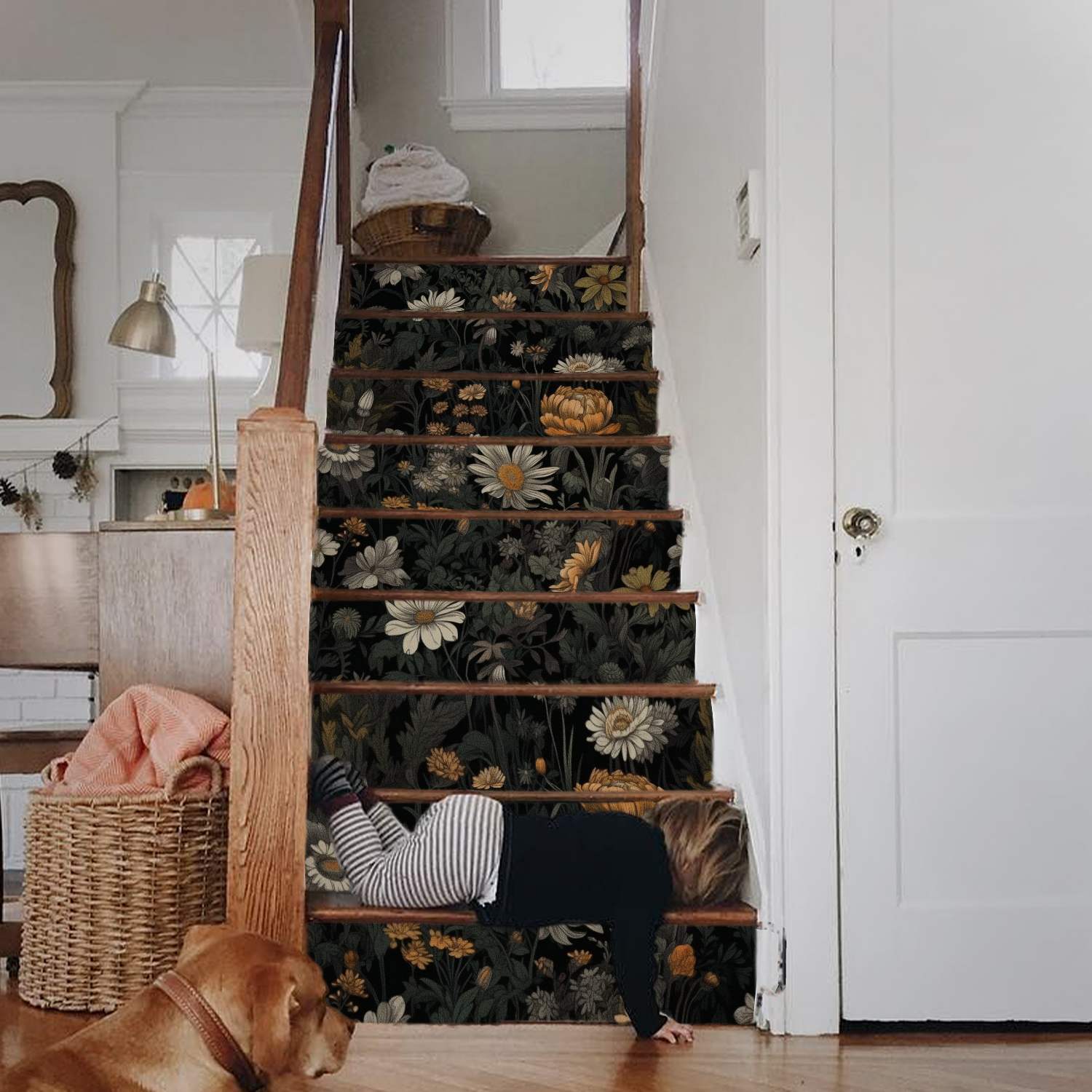 Dark floral wallpaper on the stairs