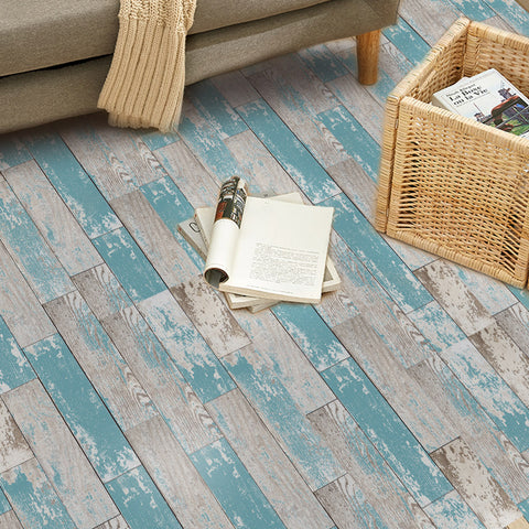 Distressed Blue and Gray Wood Plank Wallpaper for Coastal Decor