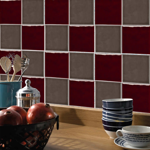 Red and Grey Modern Glazed Wallpaper Square Tile Sticker 10PCS