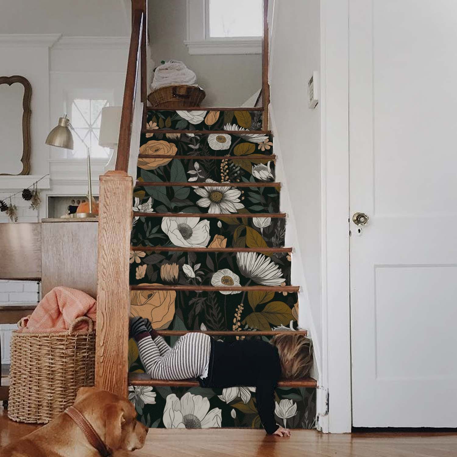 Dark floral wallpaper on the stairs