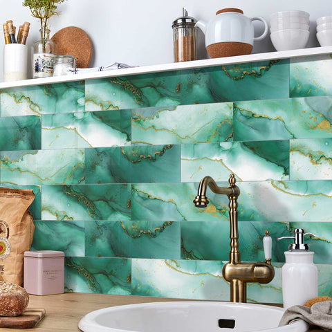 Turquoise Ocean Marble Self-Adhesive Wall Tiles for Kitchen and Home Decor