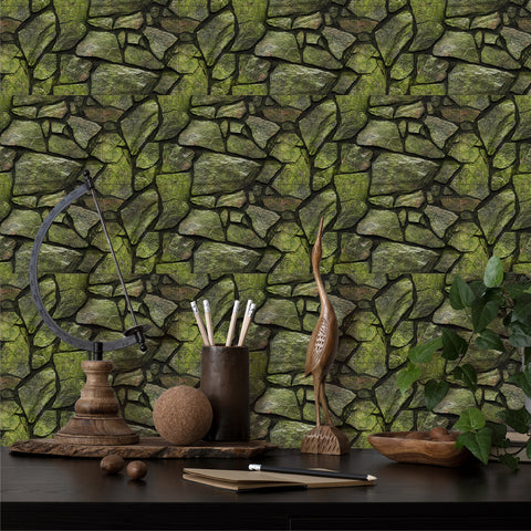 Dark Green Simulates 3D Stone Texture Wallpaper Nature Tiles Stickers