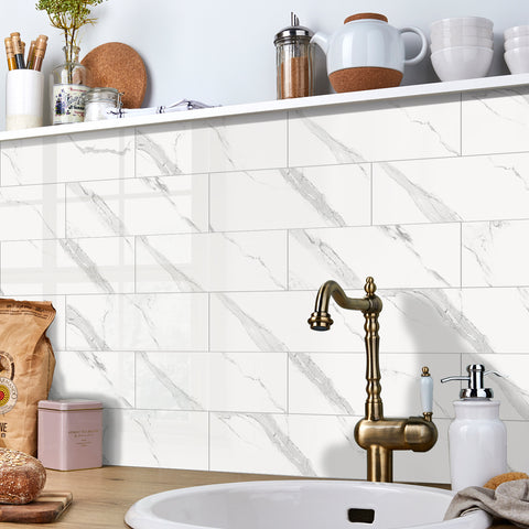Kitchen Peel and Stick Tiles, Bathroom Shower Wall Tile Stickers Imitation White Marble, White Tile with Gray Texture 4x12 Inch x 0.07 Inch Thickness