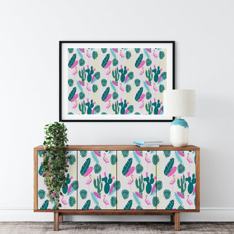 Tropical Vibe Forest Wallpaper - Vivid Pink Flamingos and Dark Green Cacti in a Whimsical Design