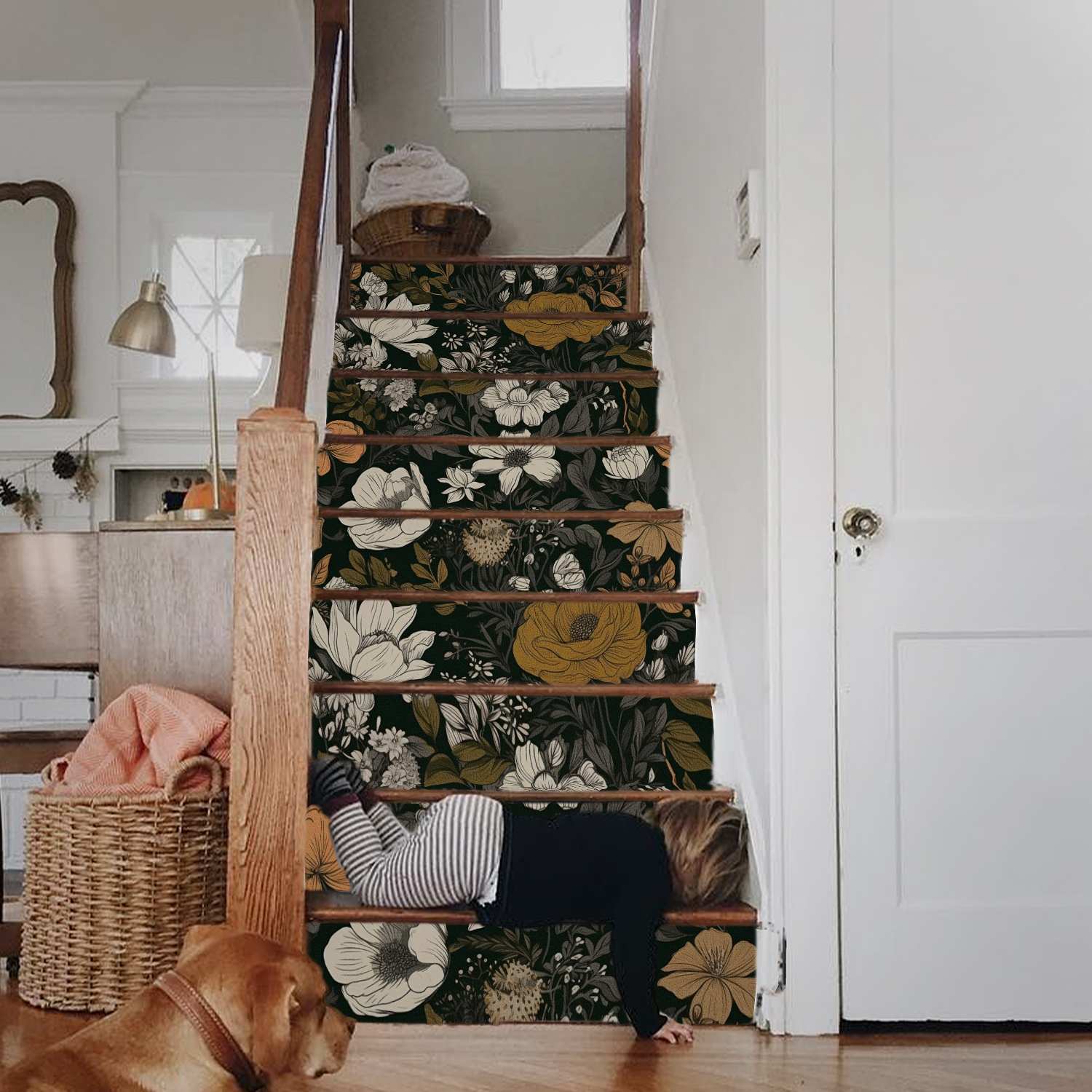 Dark floral wallpaper on the stairs