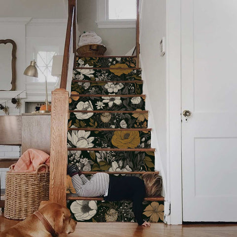 Dark floral wallpaper on the stairs