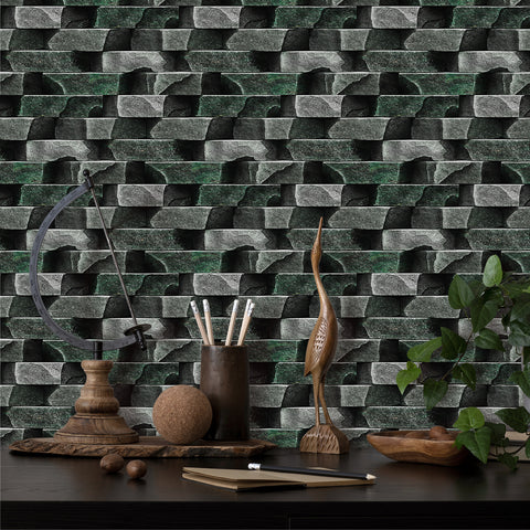 Greyish Green Simulates 3D Stone Texture Wallpaper Rustic Tiles Stickers