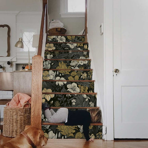 Dark floral wallpaper on the stairs