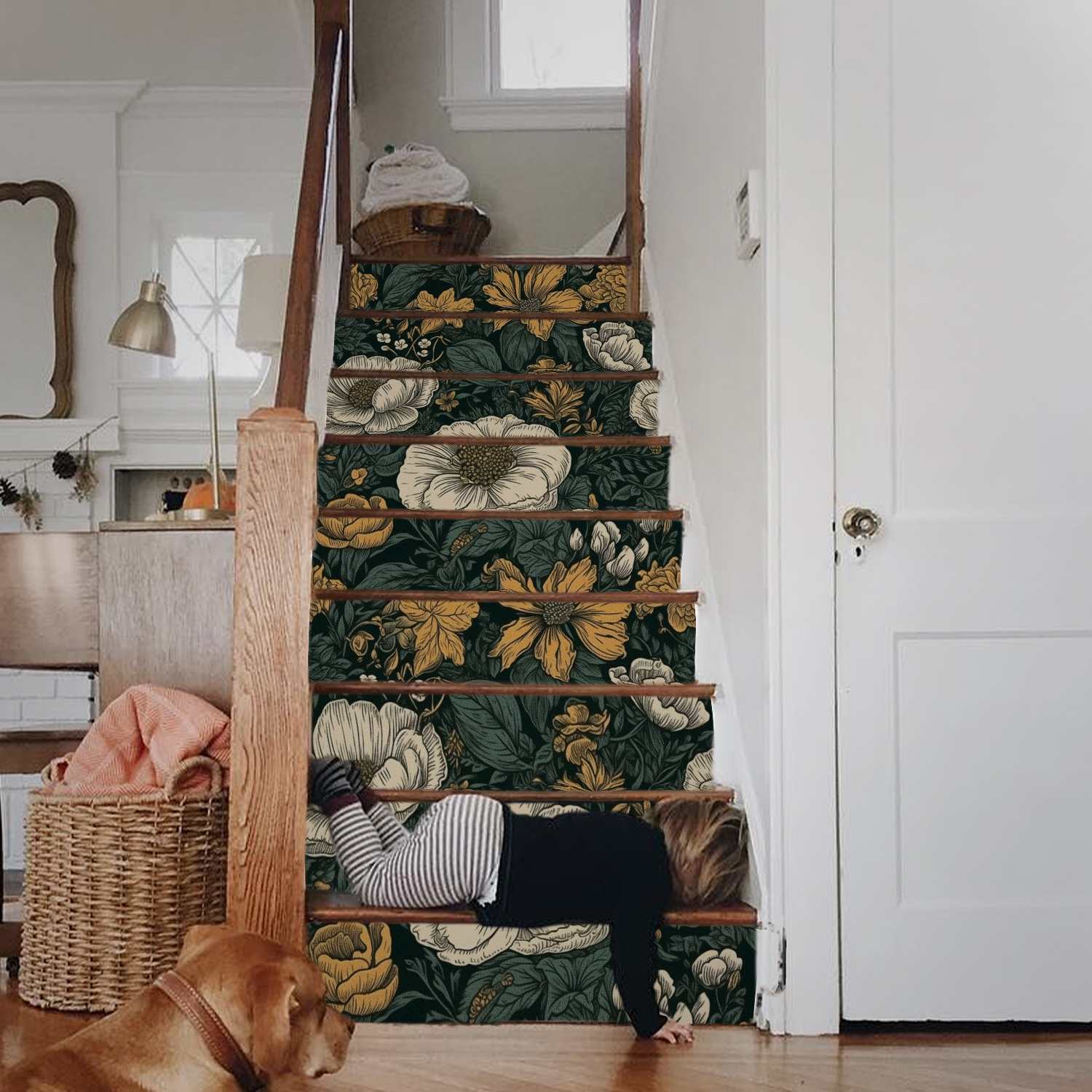 Dark floral wallpaper on the stairs