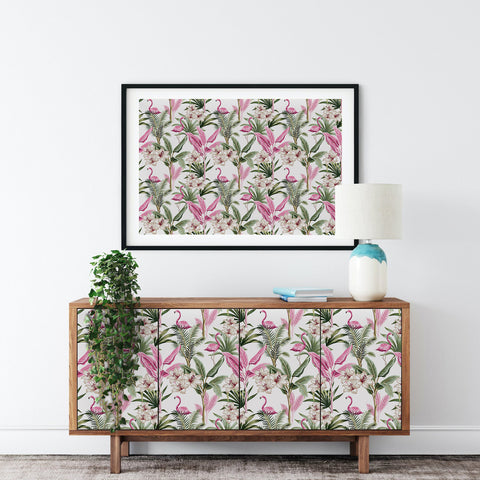 Tropical Vibe Wallpaper - Lively Design of Pink Flamingos Intertwined with Green Leaves