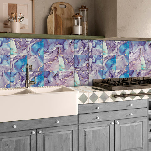 Purple Fantasy Modern Marble Tile Stickers Wallpapers 8Pcs Self-Adhesive