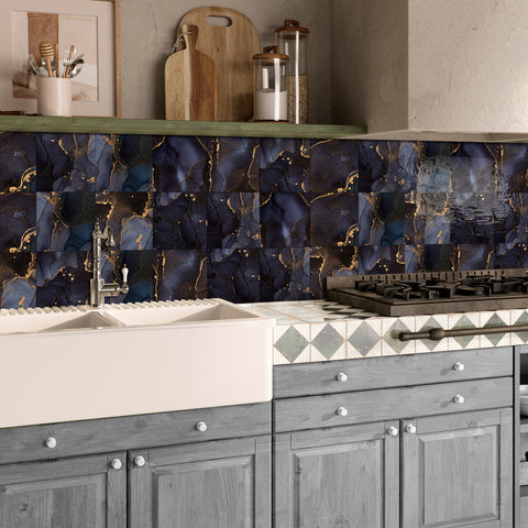 Deep Blue Elegant Marble Tile Stickers  LuxuryWallpapers 8Pcs Self-Adhesive