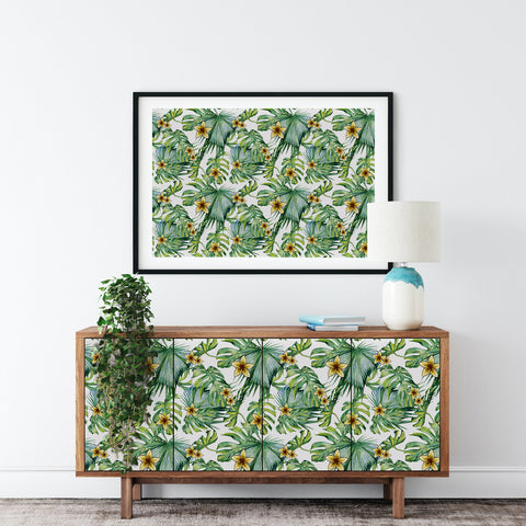 Tropical Floral Forest Wallpaper - Fresh Green Leaves with Bright Yellow Flowers in Natural Harmony