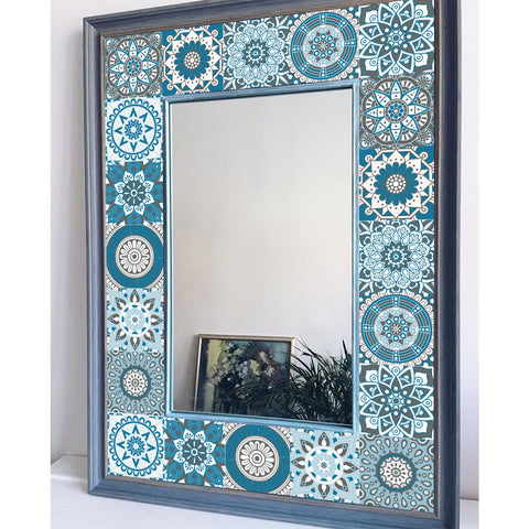 Blue and white mandala tile stickers: interpreting the beauty of mystery and tranquility