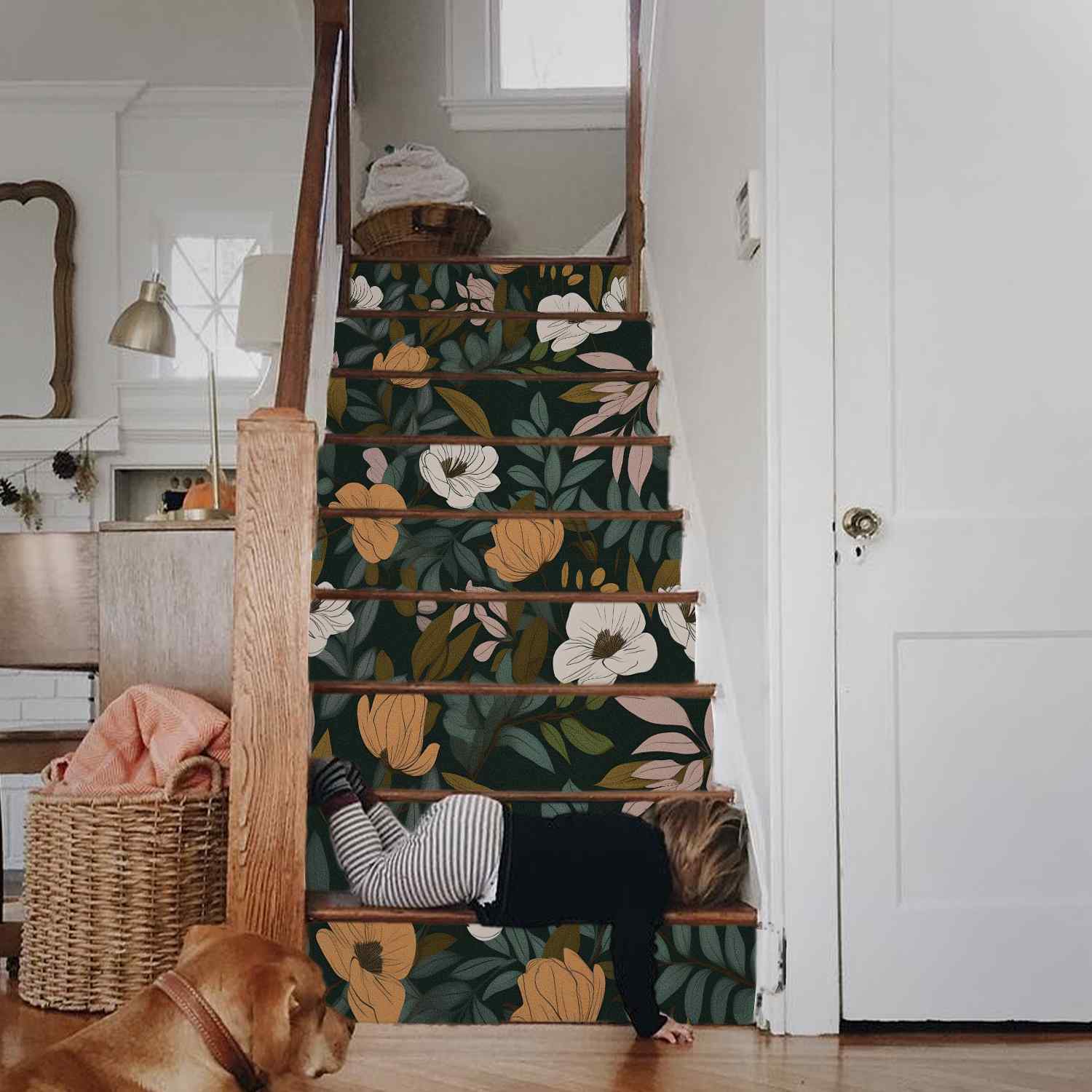 Dark floral wallpaper on the stairs