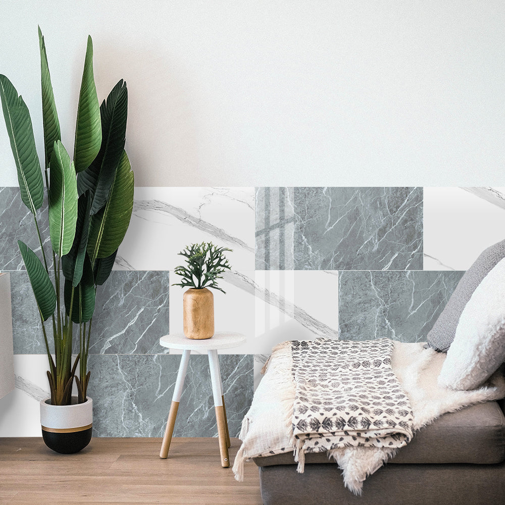 White and Gray Peel and Stick Marble Floor Tile Mirror Like Easy Installation Environmentally Friendly