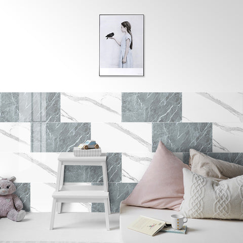 White and Gray Peel and Stick Marble Floor Tile Mirror Like Easy Installation Environmentally Friendly