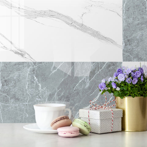White and Gray Peel and Stick Marble Floor Tile Mirror Like Easy Installation Environmentally Friendly
