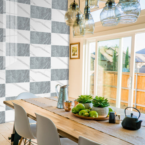 White and Gray Peel and Stick Marble Floor Tile Mirror Like Easy Installation Environmentally Friendly