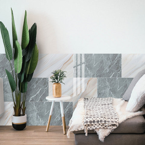 White and Gray Peel and Stick Marble Floor Tile Mirror Like Easy Installation Environmentally Friendly