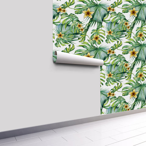 Tropical Floral Forest Wallpaper - Fresh Green Leaves with Bright Yellow Flowers in Natural Harmony