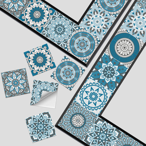 Blue and white mandala tile stickers: interpreting the beauty of mystery and tranquility