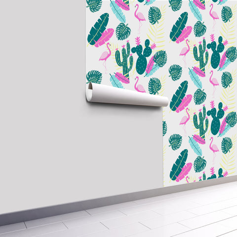 Tropical Vibe Forest Wallpaper - Vivid Pink Flamingos and Dark Green Cacti in a Whimsical Design