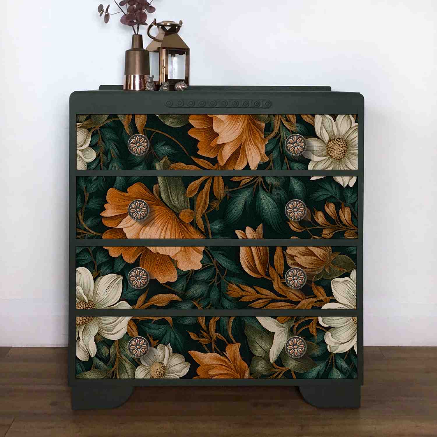 Dark floral wallpaper pasted on the cabinet doors