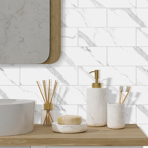 Kitchen Peel and Stick Tiles, Bathroom Shower Wall Tile Stickers Imitation White Marble, White Tile with Gray Texture 4x12 Inch x 0.07 Inch Thickness