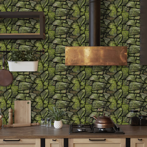 Dark Green Simulates 3D Stone Texture Wallpaper Nature Tiles Stickers