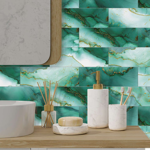 Turquoise Ocean Marble Self-Adhesive Wall Tiles for Kitchen and Home Decor