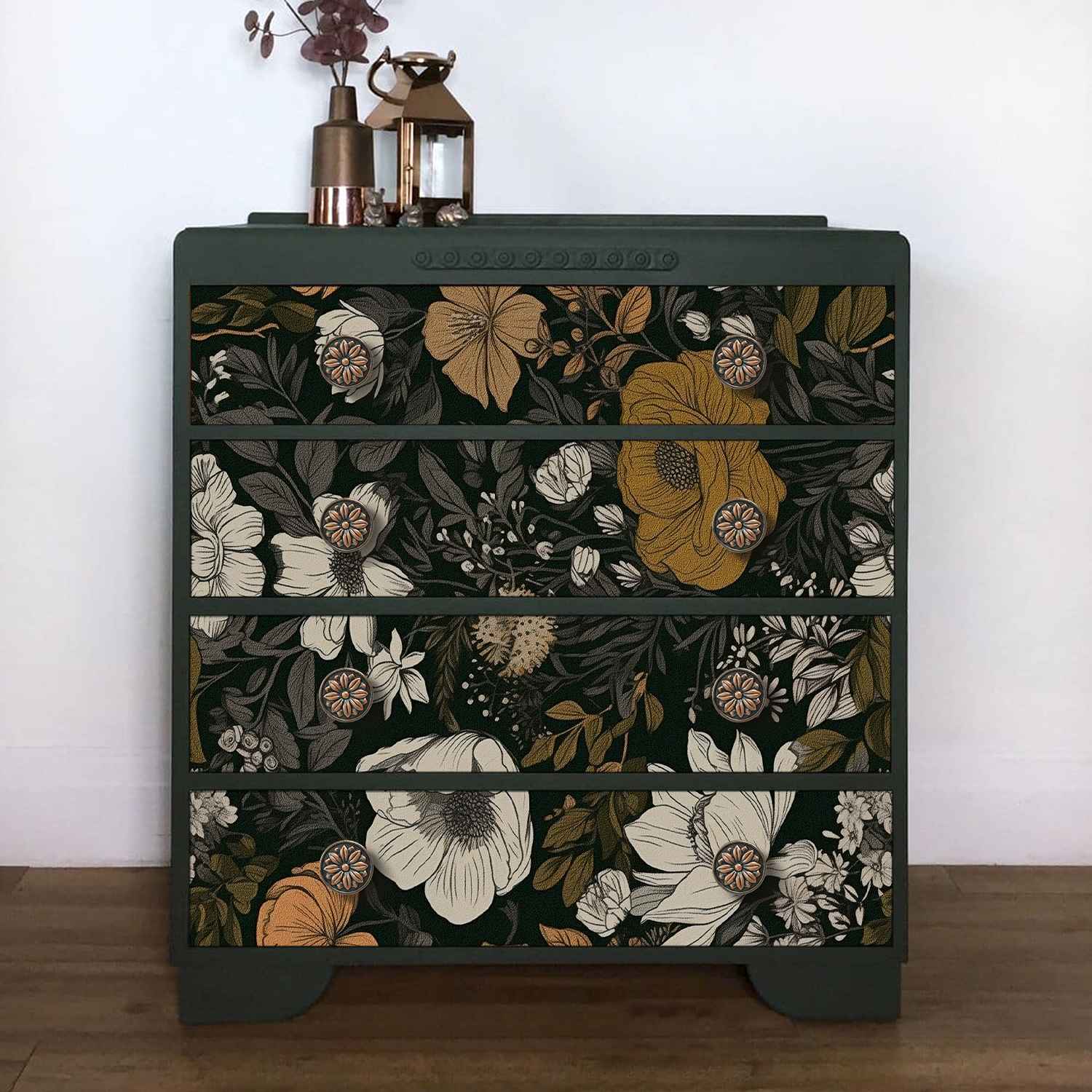 Dark floral wallpaper pasted on the cabinet doors