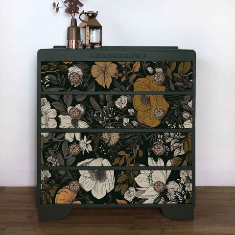 Dark floral wallpaper pasted on the cabinet doors