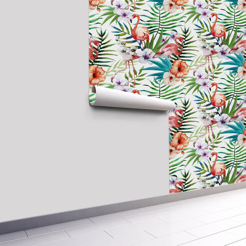 Tropical plants and flowers with flamingos forest wallpaper