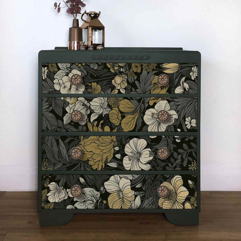 Dark floral wallpaper pasted on the cabinet doors