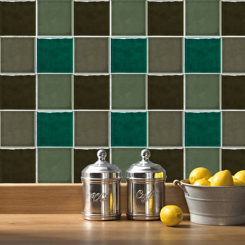 Green Brown Grey Modern Glazed Wallpaper Square Tile Sticker 10PCS