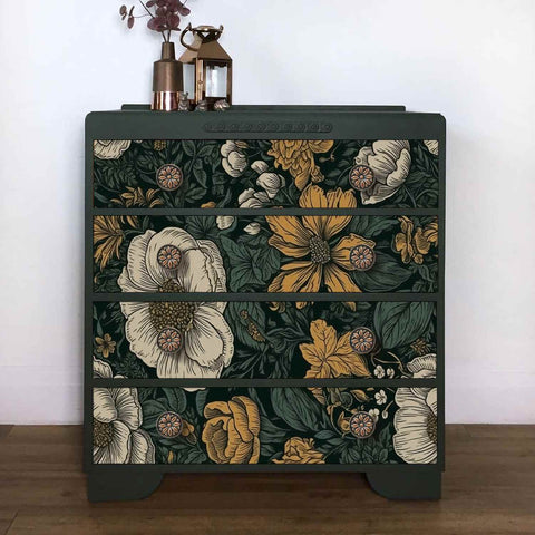 Dark floral wallpaper pasted on the cabinet doors