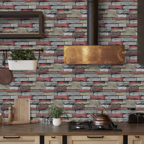 grey and red stone wallpaper for kitchen