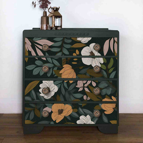 Dark floral wallpaper pasted on the cabinet doors