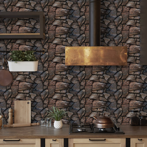 Dark Brown and Grey Simulates 3D Stone Texture Wallpaper Nature Tiles Stickers