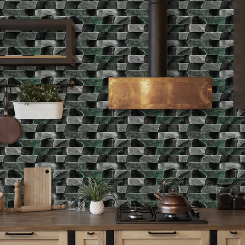 Greyish Green Simulates 3D Stone Texture Wallpaper Rustic Tiles Stickers