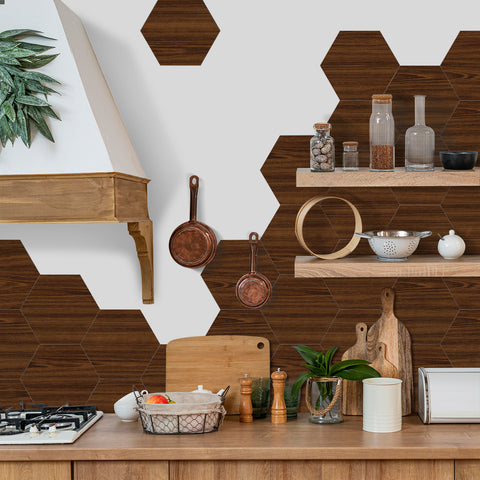 Brown Walnut Hexagonal Peel and Stick Wood Wallpaper for Kitchen Remodeling